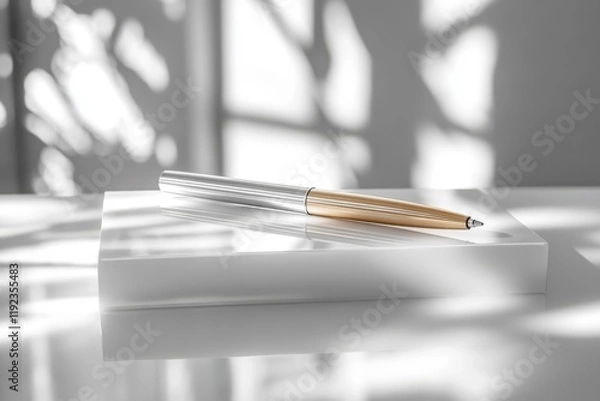 Fototapeta Black and white close-up of a pen resting on a stack of papers