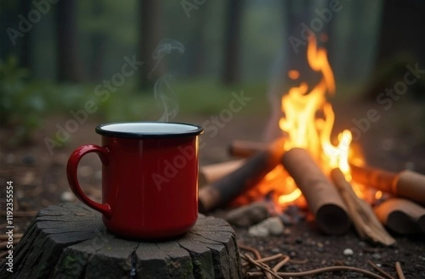 Fototapeta Red travel mug sits on log next to fire. Mug is filled with hot coffee, and steam is rising from it. Scene is peaceful and serene, with warmth of fire.