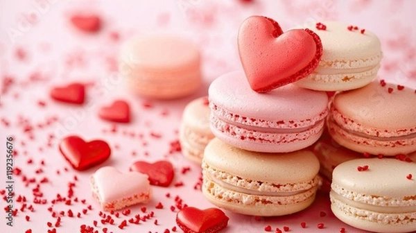 Obraz 1. Valentine's Day Love Banner: Heart-Shaped Macaron Cookies on a Pink Panoramic Background