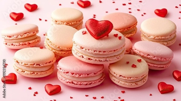 Obraz 1. Valentine's Day Love Banner: Heart-Shaped Macaron Cookies on a Pink Panoramic Background