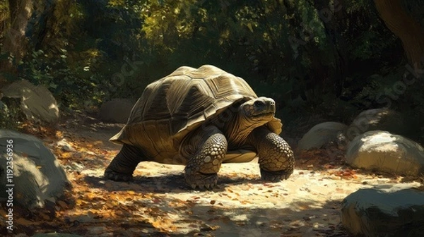 Fototapeta 1. **Giant Tortoise on Curieuse Island in the Seychelles Forest**