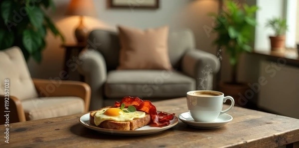 Fototapeta Aromatic Coffee with Fried Egg and Crispy Bacon on Toast Served on Rustic Wooden Table
