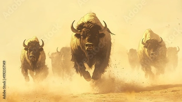 Fototapeta 1. "A Large Herd of Wild American Bison (Buffaloes) Running in a Dusty Plain, Symbolizing the American Far West and the US National Mammal"