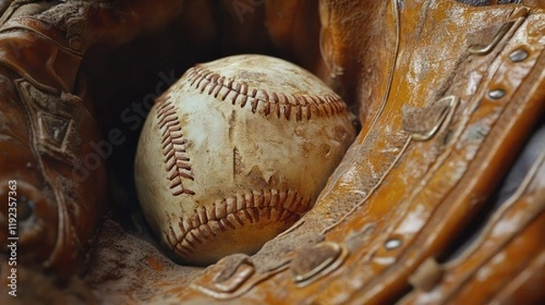 Obraz 1. "Close-up of a Vintage Baseball in a Catcher's Leather Mitt – Used Ball and Glove Still Life"