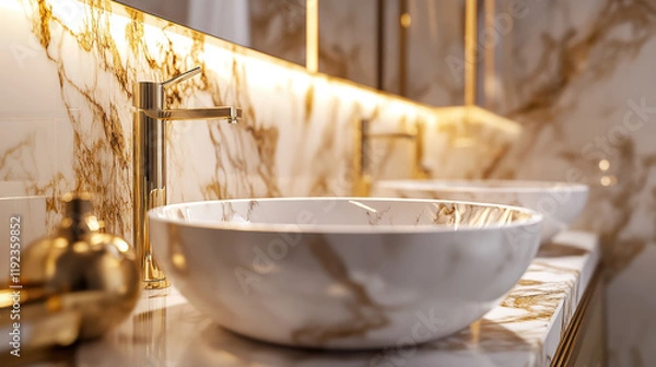 Fototapeta Luxury bathroom with gold faucets and marble sinks.  Elegant and modern design.