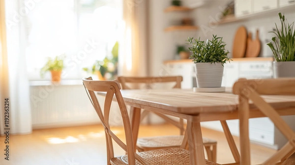 Fototapeta bright and airy kitchen featuring wooden dining table, stylish chairs, and potted plants, creating warm and inviting atmosphere for meals and gatherings
