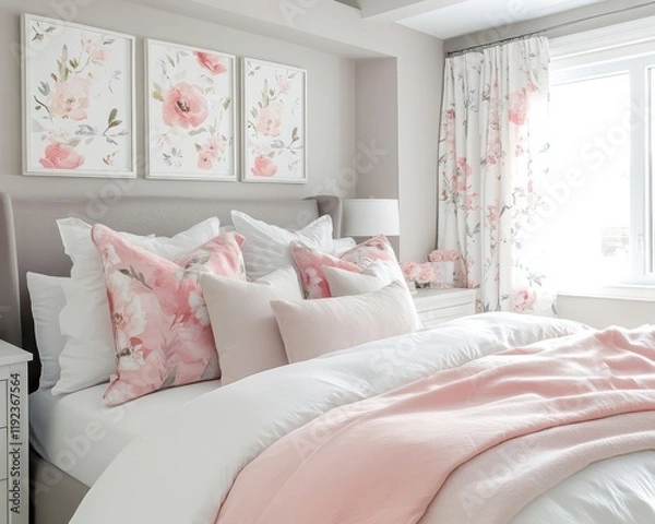 Fototapeta Bedroom decorated with watercolor-style floral patterns and blush pink Valentine tones