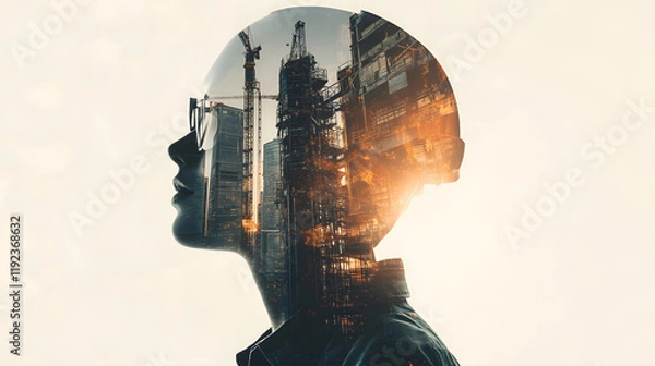 Fototapeta Future building construction engineering project devotion with double exposure graphic design. Building engineer, architect people or construction worker working with modern civil teamwork