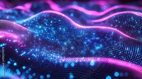 Fototapeta Plexus abstract background idea. Vibrant digital waves with glowing particles in blue and pink tones.