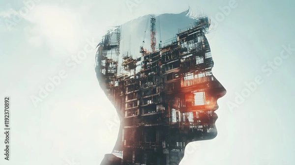 Fototapeta Future building construction engineering project devotion with double exposure graphic design. Building engineer, architect people or construction worker working with modern civil teamwork