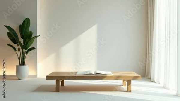 Fototapeta Serene Minimalist Room Interior Featuring a Low Wooden Table, Open Book, and Potted Plant in Soft Natural Light