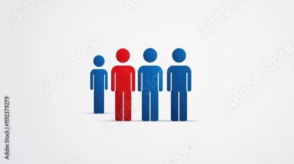 Obraz Four simple figures, one red, three blue, standing in a row, representing a team or group.