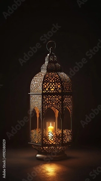 Fototapeta A beautifully designed lantern casting a warm glow in a dark setting.
