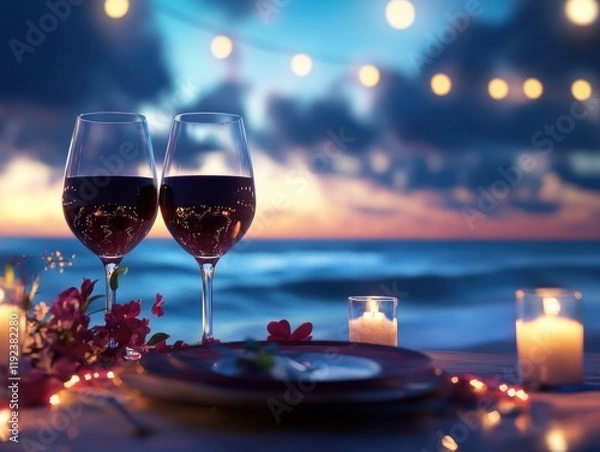 Fototapeta A beautifully arranged dinner table for two by the sea, adorned with soft candlelight, delicate flowers, and string lights under a starry sky. Perfect for romantic dates or special celebrations