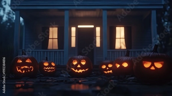 Fototapeta A spooky Halloween scene featuring glowing jack-o'-lanterns in front of a house.