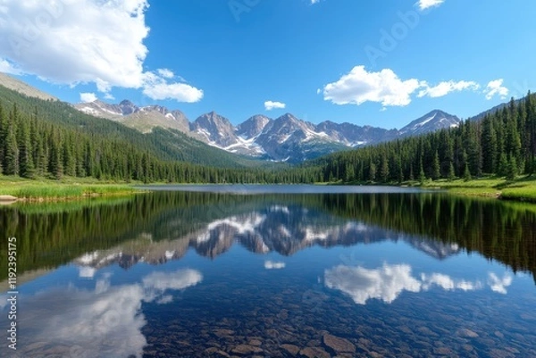 Fototapeta Stunning View of Rocky Mountains Reflected in Tranquil Lake