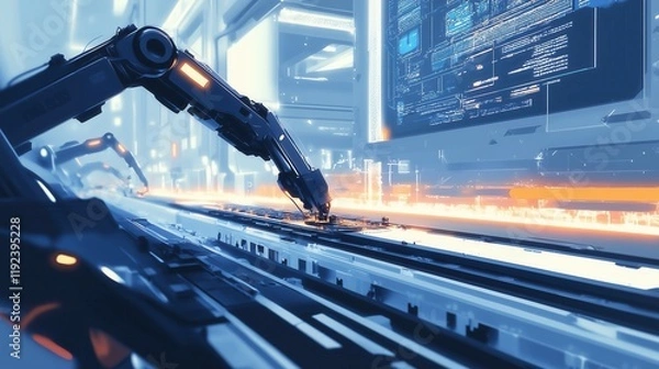 Fototapeta Robotic Arms Assembling Microchips in an Advanced Technology Facility