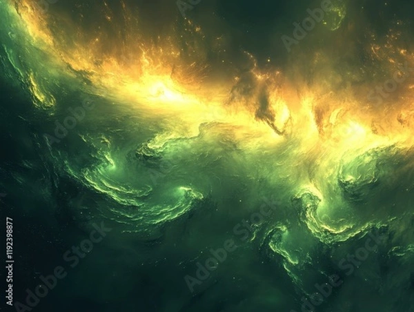 Fototapeta Abstract Cosmic Nebula with Golden Swirls and Emerald Hues, Deep Space Background.