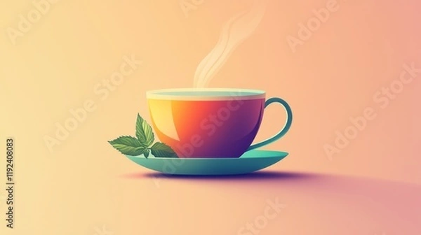 Fototapeta Minimalist steaming tea cup with gradient lines and mint leaf