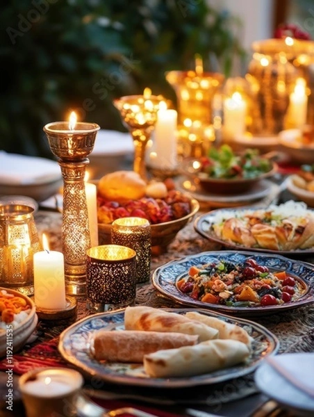 Fototapeta Aromatic Middle Eastern Feast Under Candlelight for Iftar during Ramadan
