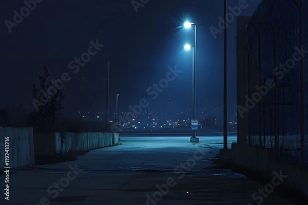 Fototapeta Nightfall Solitude: Empty Parking Lot Under City Lights