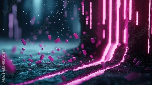 Fototapeta A digital barrier with glowing lines and force fields, blocking a malicious code injection attempt visualized as a stream of harmful data.