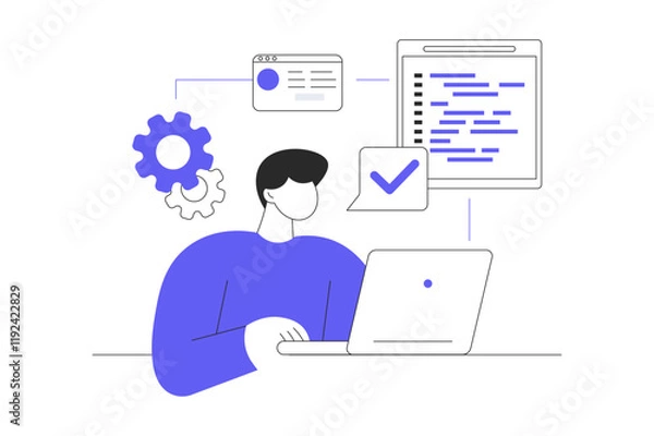 Fototapeta Video game developer web concept. Man creating new game project, programming and coding, works with algorithm and processes at laptop. Flat Cartoon Vector Illustration, icon. Stylish abstract