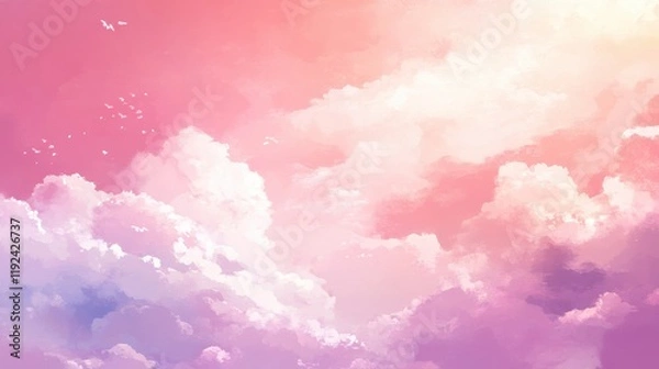 Obraz Ethereal Pink and Purple Cloudscape Painting with Bird Silhouettes.