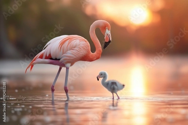 Fototapeta Flamingo mother and chick wading in calm waters at sunset, creating a picturesque moment of nature's beauty and tenderness. Generative AI