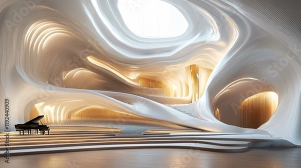 Fototapeta A realistic 3D scene of a futuristic organic concert hall with a wave-like roof, innovative use of materials, and an acoustically optimized interior.