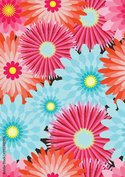 Obraz Colorful color Peony flower, Cosmos flower, Daisy flower,Chrysanthemum flower black background, Vector seamless pattern.