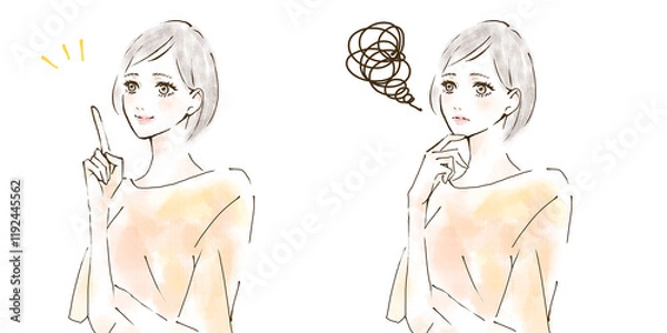 Fototapeta 困った表情の女性と明るい表情の女性のイラストセット