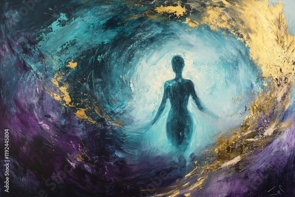 Fototapeta Abstract art depicting a silhouette of a figure surrounded by vibrant swirling colors, representing themes of spirituality, transformation, and personal growth in a dreamlike landscape.