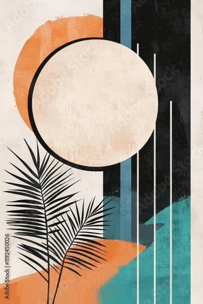 Fototapeta Abstract design featuring a large circle, vibrant colors, and palm leaves. Ideal for backgrounds, artistic projects, or modern decor inspiration. Geometric and trendy.