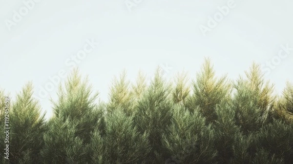 Fototapeta Low Angle View of Dense Green Pine Tree Tops Against a Pale Sky, Natural Background
