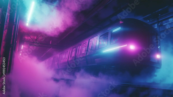 Fototapeta スモークに包まれた電車とサイバーパンク風の光の幻想的な風景