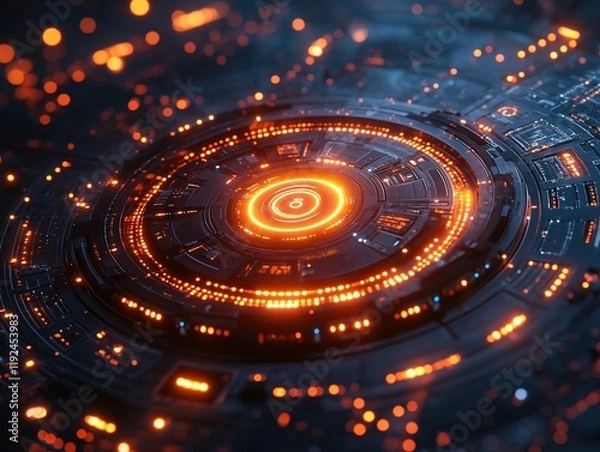 Fototapeta Glowing circular portal with sparks, dark background, futuristic technology