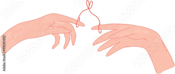 Fototapeta Vanelnine's Day Illustration, Two hands are reaching for each other, their fingers are tied together with a string in the shape of a heart
