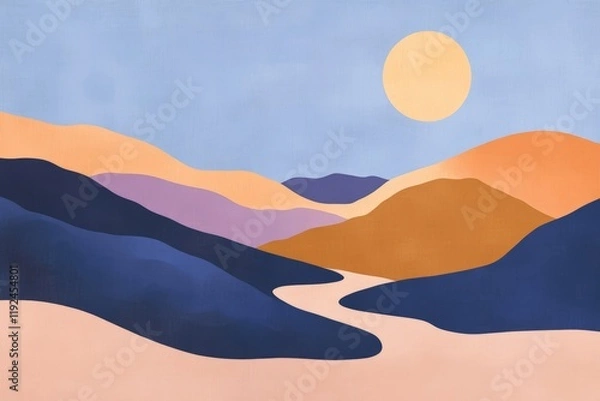 Fototapeta Abstract landscape artwork featuring rolling hills, a large sun, and a serene color palette of warm and cool tones, ideal for modern decor and design projects.