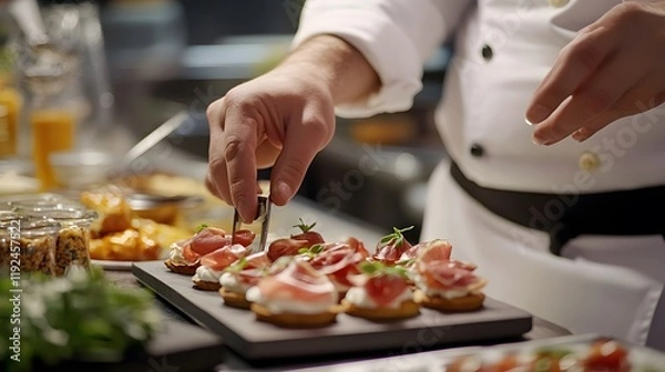 Fototapeta Chef preparing delicious prosciutto appetizers