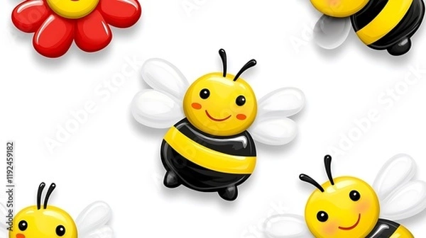 Fototapeta Cheerful Vector Style Pattern of Happy Bees and Flowers on White Background