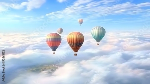 Fototapeta Playful and Clean Hot Air Balloons in a Blue Sky Over Clouds