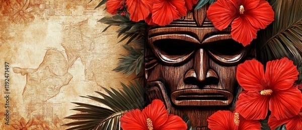 Fototapeta Traditional wooden tiki masks and red hibiscus flowers framing vintage grunge background with palm leaves and aztec patterns, designed in retro tropical style. Generative AI