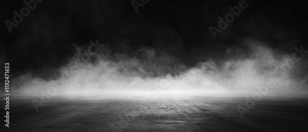 Obraz A minimalist black and white scene with white fog or smoke hovering over a dark reflective surface. Generative AI