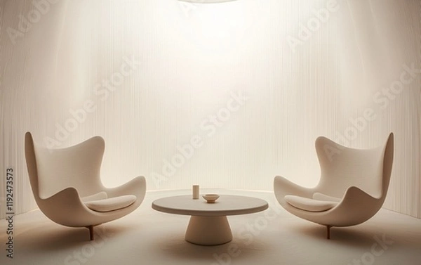 Fototapeta Minimal design with armchairs and a large curved screen.