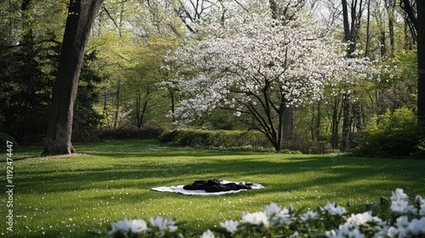Obraz Serene Spring Day in a Lush Garden: A Tranquil Picnic Scene