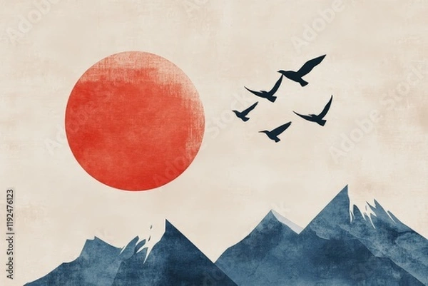 Obraz Mountain landscape with a large red sun and flying birds in the sky. Abstract art style, nature scenery, and tranquility in a minimalist design.