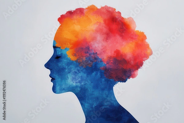 Fototapeta vibrant depiction of silhouette with colorful abstract hair, blending blue and warm hues