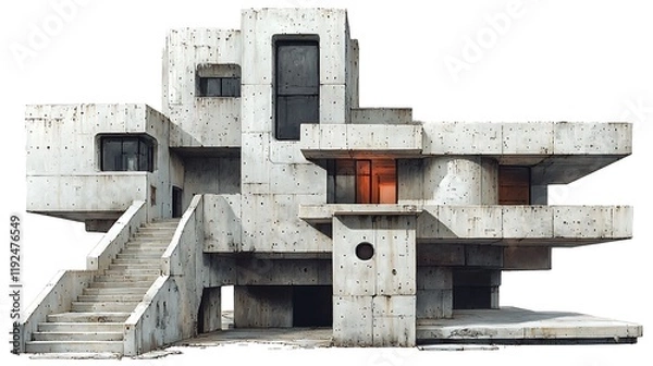 Fototapeta Brutalist Concrete House Architectural Rendering Modernist Design with Exterior Staircase.