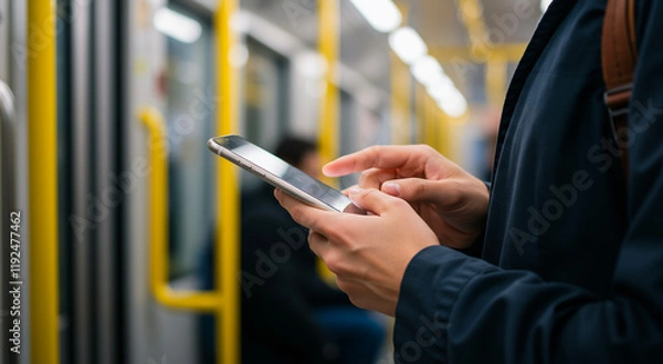 Fototapeta Man using phone on train, commuting and travel with digital technology for online connection, urban transport, communication or social media